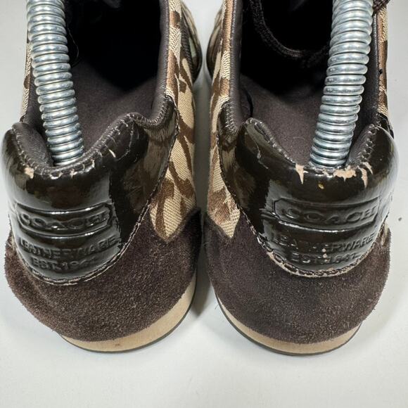 Coach Kathleen Sneakers 10M Brown Signature C Canvas Suede Logo Stripe - Picture 8 of 11